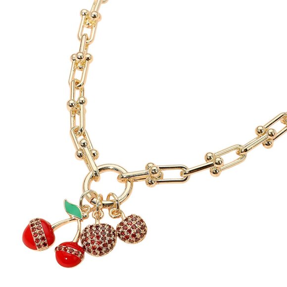 NEW Strawberry Cherry 14K Gold Fruit Charm Link Chain Necklace Cubic Zirconia CZ - Picture 5 of 7